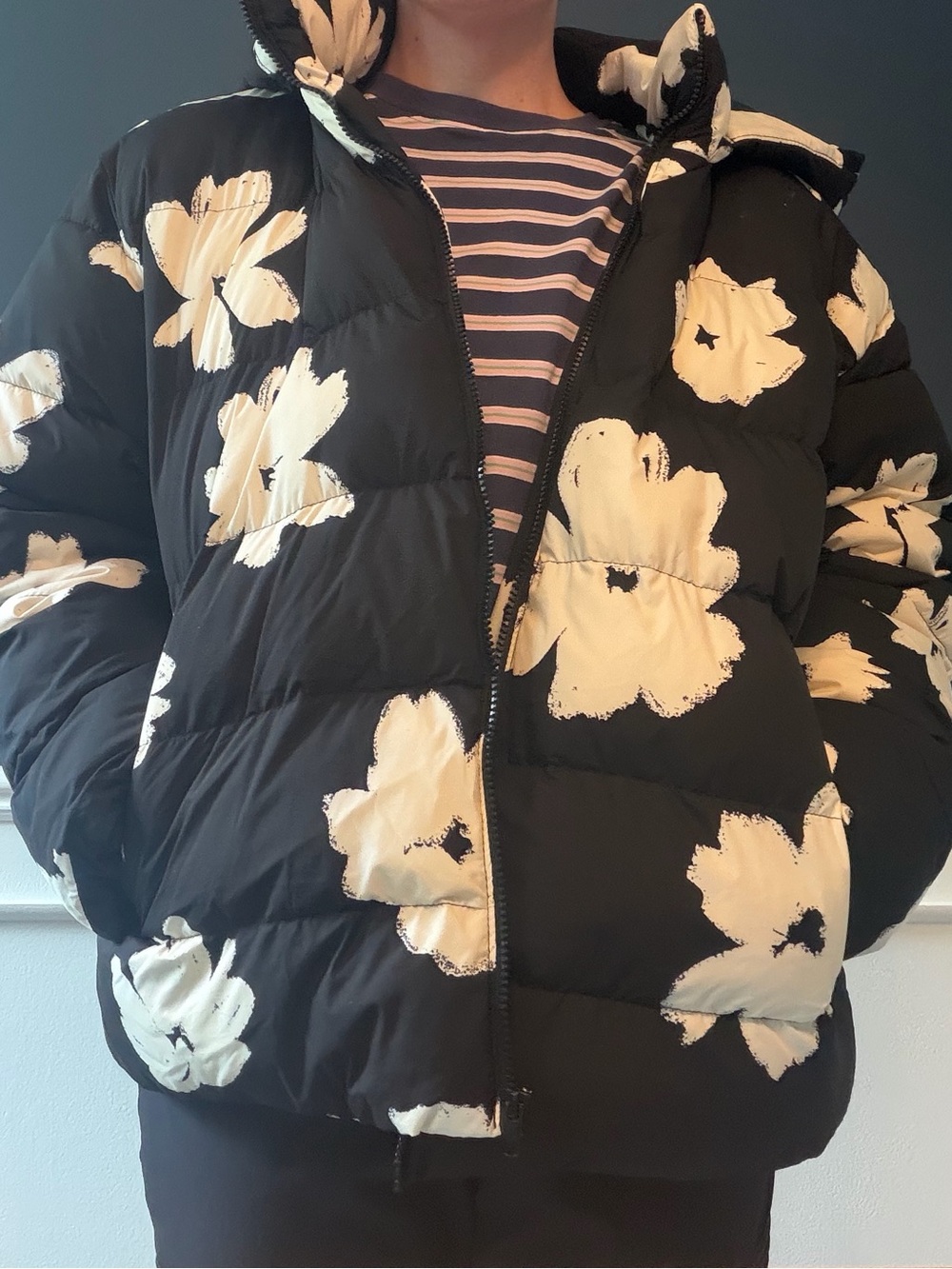Black puffy Jacket with white flowers -